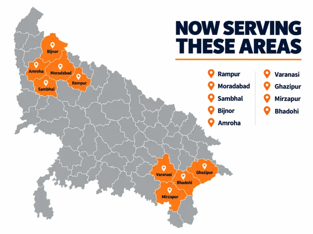 Western UP: Rampur, Moradabad, Sambhal, Bijnor, Amroha Eastern UP: Varanasi, Ghazipur, Mirzapur, Bhadohi