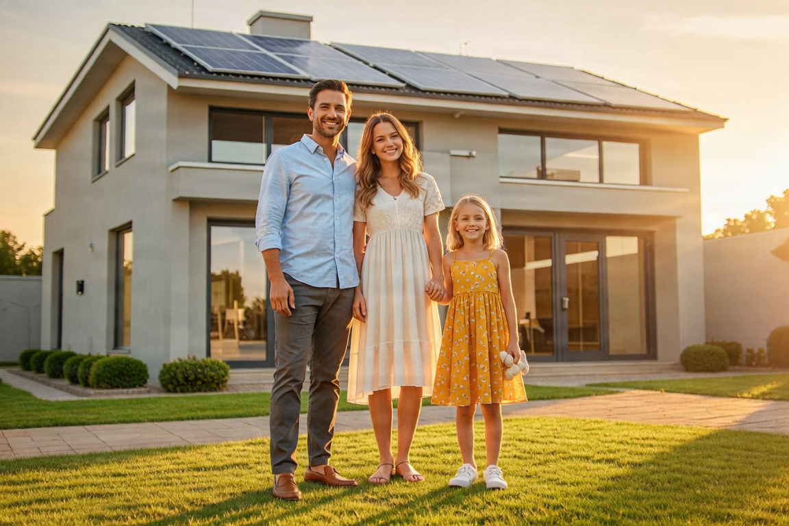SUMPAN SOLAR ENERGY A happy family standing in front of their solar-powered home, warm lighting